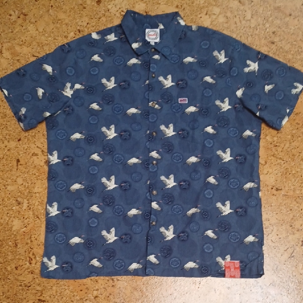 Aloha Men's Blue Cotton Hawaiian Shirt With Japanese Cranes & Crests Size XL